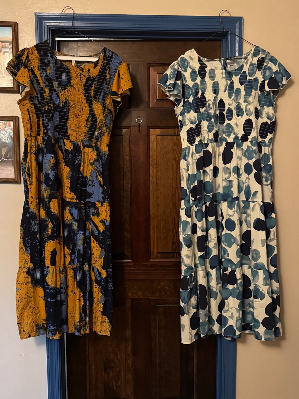 Women’s Short-Sleeve Printed Midi Dresses - Mustard/Blue